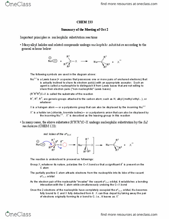 CHEM 233 Lecture Notes - Lecture 12: Nucleophilic Substitution, Polyatomic Ion, Sn2 Reaction thumbnail