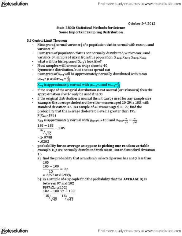 STATS 2B03 Lecture Notes - Central Limit Theorem, Histogram, Standard Deviation thumbnail