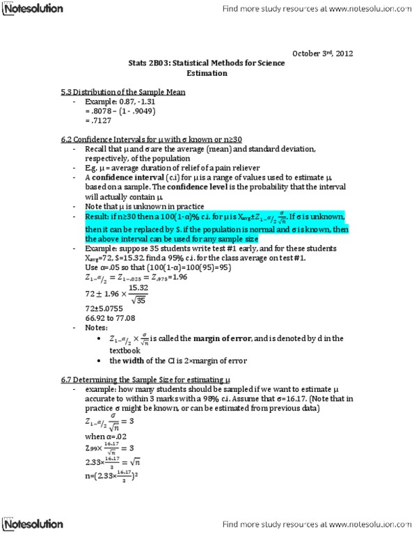 STATS 2B03 Lecture Notes - Confidence Interval, Standard Deviation thumbnail