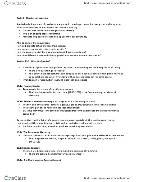 Biology 1001A Chapter Notes - Chapter Cycle 9: Binomial Nomenclature, Species Problem, Population Genetics thumbnail