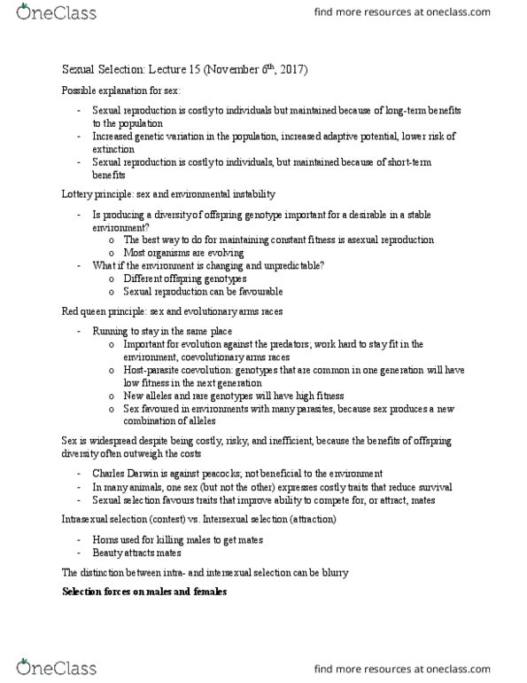 Biology 1001A Lecture Notes - Lecture 15: Sexual Selection, Coevolution thumbnail