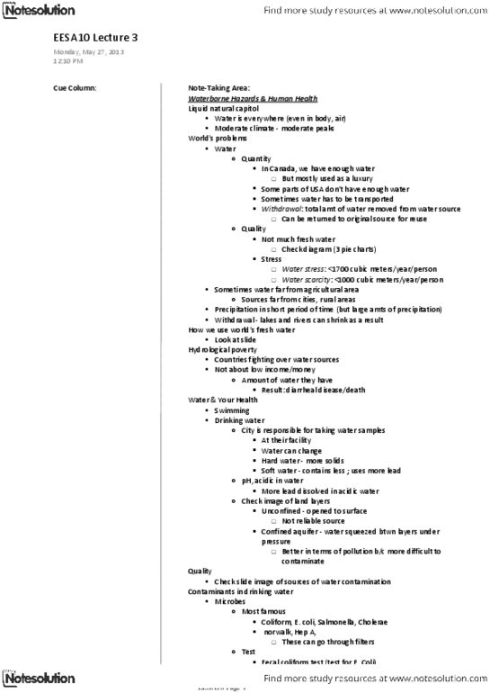 EESA10H3 Lecture Notes - Lecture 3: Coliform Bacteria, Water Scarcity, Hard Water thumbnail