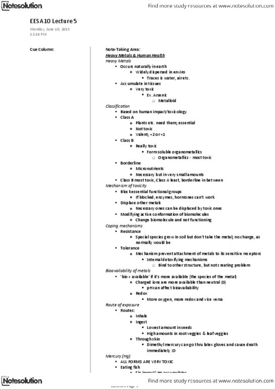 EESA10H3 Lecture Notes - Lecture 5: Bioavailability, Metalloid, Arsenic thumbnail