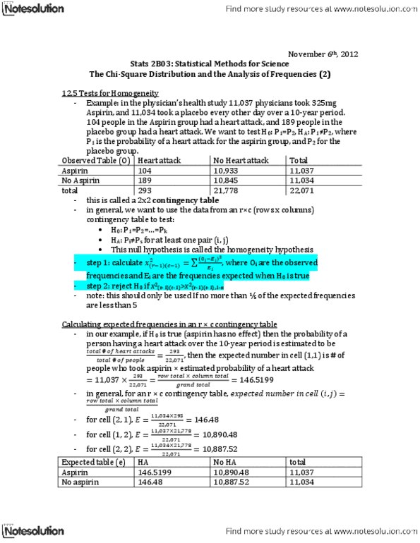 STATS 2B03 Lecture Notes - Contingency Table, Null Hypothesis, Aspirin thumbnail