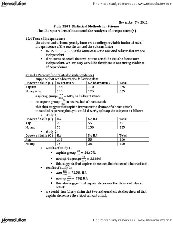 STATS 2B03 Lecture Notes - Myocardial Infarction, Contingency Table, Aspirin thumbnail