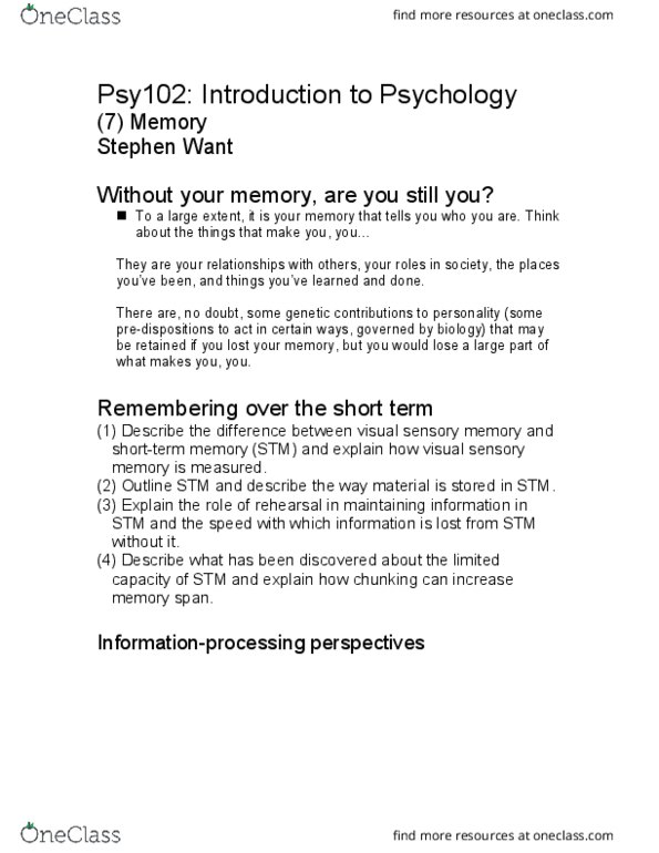 PSY 102 Lecture Notes - Lecture 7: Sensory Memory, Memory Span, Eyewitness Testimony thumbnail