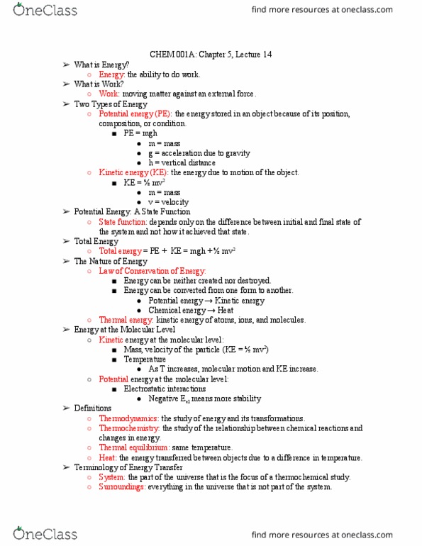 CHEM 001A Lecture Notes - Lecture 14: Kinetic Energy, Thermal Energy, Thermal Equilibrium thumbnail