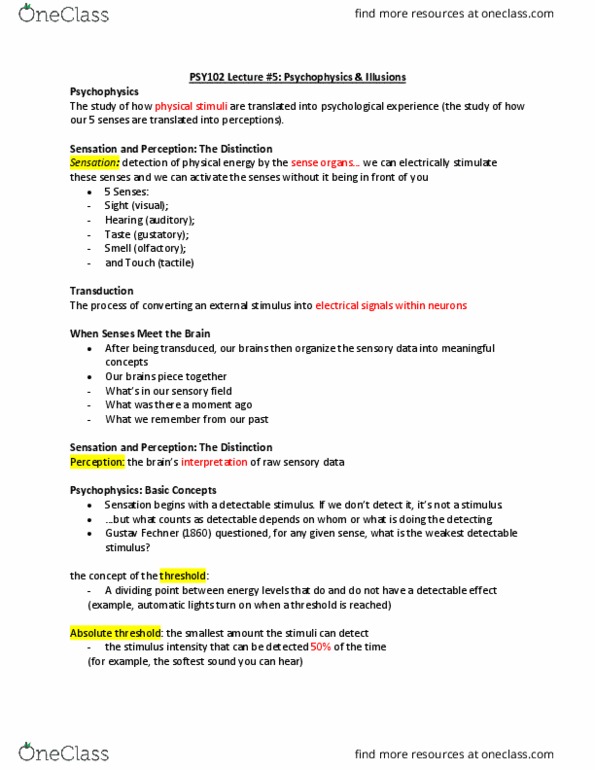 PSY 102 Lecture Notes - Lecture 4: Gustav Fechner, Detection Theory, Absolute Threshold thumbnail