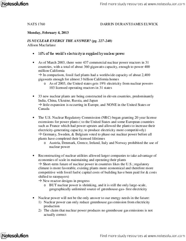 NATS 1760 Chapter Notes -Nuclear Regulatory Commission, Uranium Hexafluoride, Enriched Uranium thumbnail