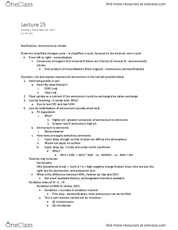 SOIL 3600 Lecture Notes - Lecture 25: Vermiculite, Nitrobacter, Illite thumbnail