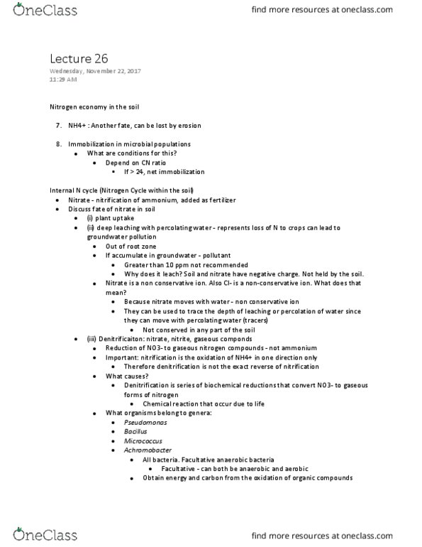 SOIL 3600 Lecture Notes - Lecture 26: Achromobacter, Nitrification, Denitrification thumbnail