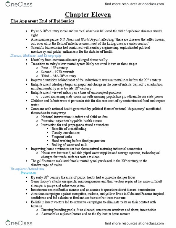 History 2812E Chapter Notes - Chapter 11: Infant Mortality, Sanitary Engineering, Yellow Fever thumbnail