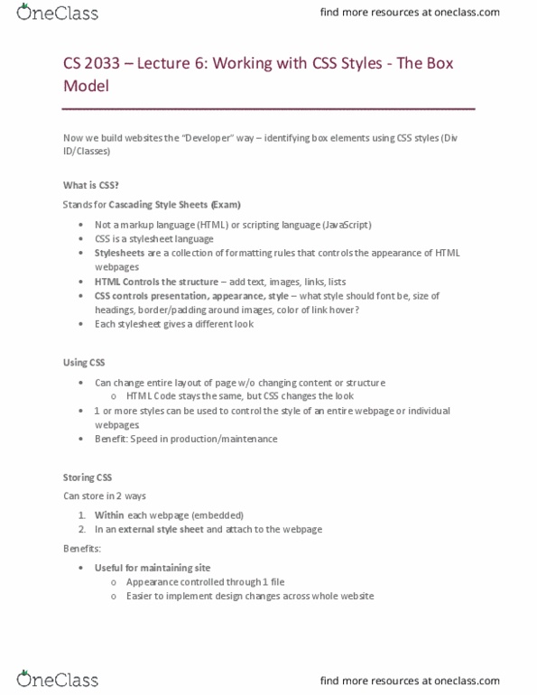 Computer Science 2033A/B Lecture Notes - Lecture 6: Cascading Style Sheets, Html Element, Scripting Language thumbnail