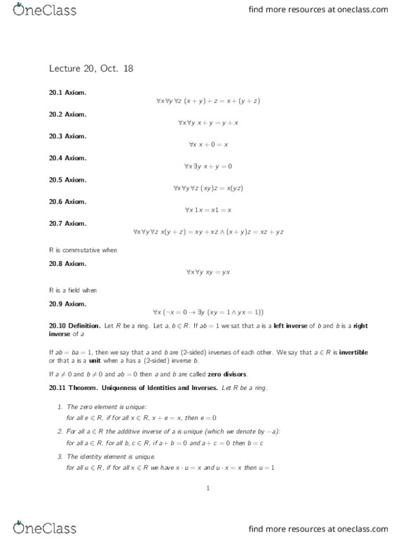 MATH145 Lecture Notes - Lecture 20: Zero Divisor, Additive Inverse thumbnail