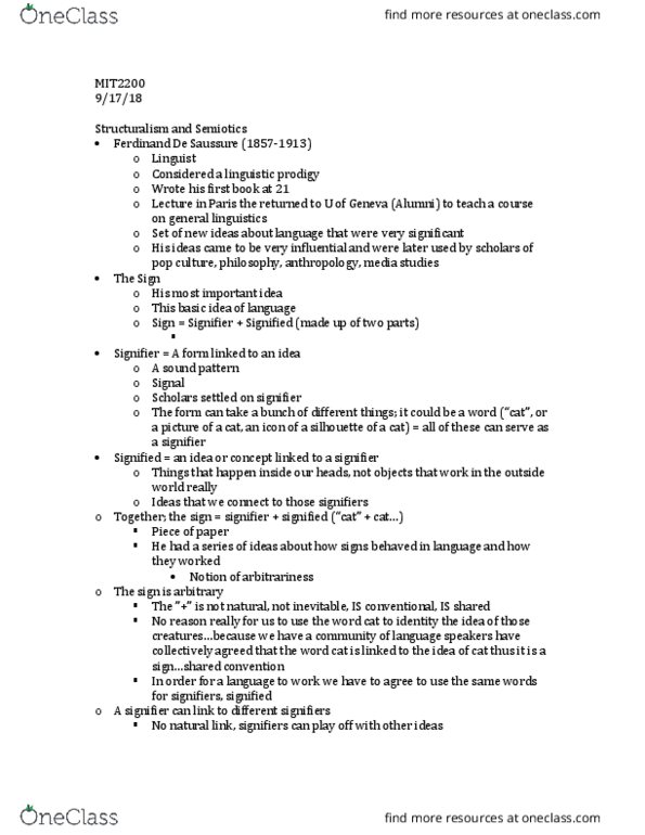 Media, Information and Technoculture 2200F/G Lecture Notes - Lecture 2: Signify, Media Studies, Roland Barthes thumbnail