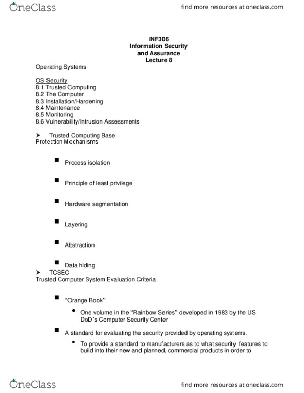 I INF 306 Lecture Notes - Lecture 8: Trusted Computing Base, Trusted Computer System Evaluation Criteria, Itsec thumbnail