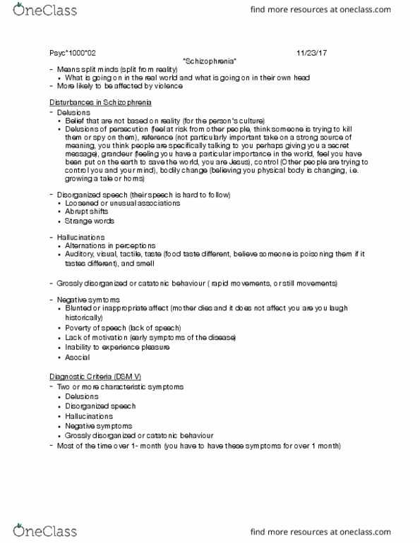 PSYC 1000 Lecture Notes - Lecture 20: Catatonia, Dsm-5, Schizophrenia thumbnail