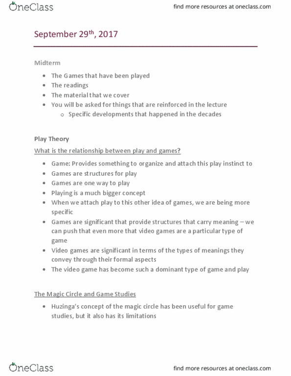FILM 2601 Lecture Notes - Lecture 4: Game Studies, Playtime, Gamification thumbnail