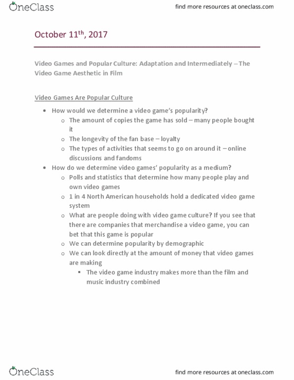 FILM 2601 Lecture Notes - Lecture 6: Video Game Culture, Video Game Industry, Making The Video thumbnail