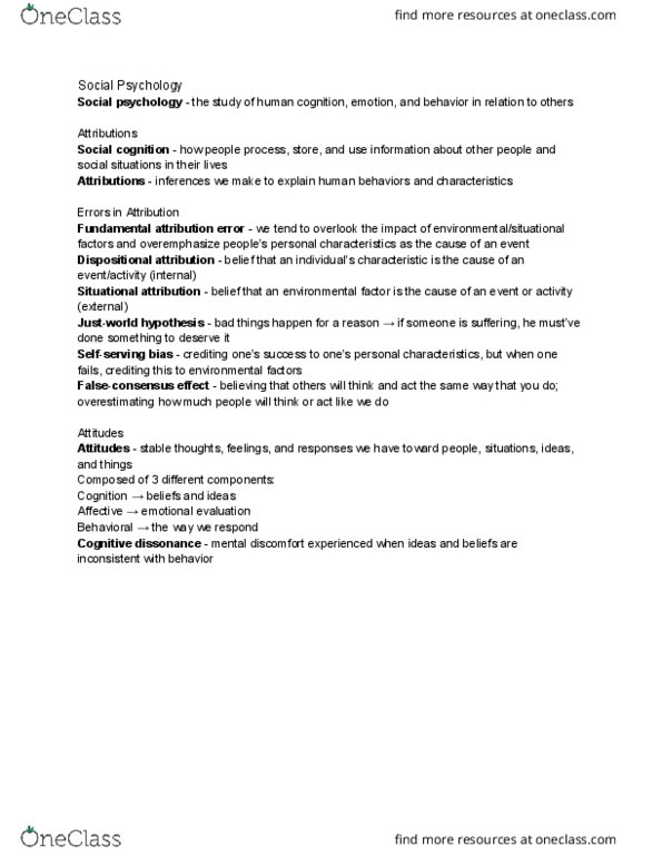 01:830:101 Chapter Notes - Chapter 15: Fundamental Attribution Error, Cognitive Dissonance, Dispositional Attribution thumbnail