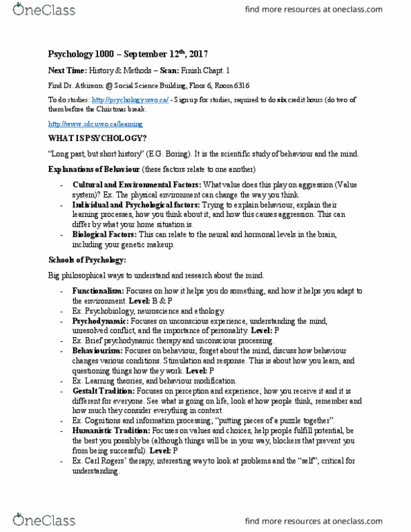 Psychology 1000 Lecture Notes - Lecture 2: Ethology, Behaviorism thumbnail