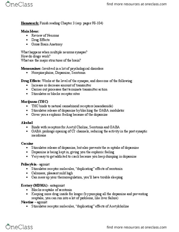 Psychology 1000 Lecture Notes - Lecture 7: Anandamide, Psilocybin, Reuptake thumbnail