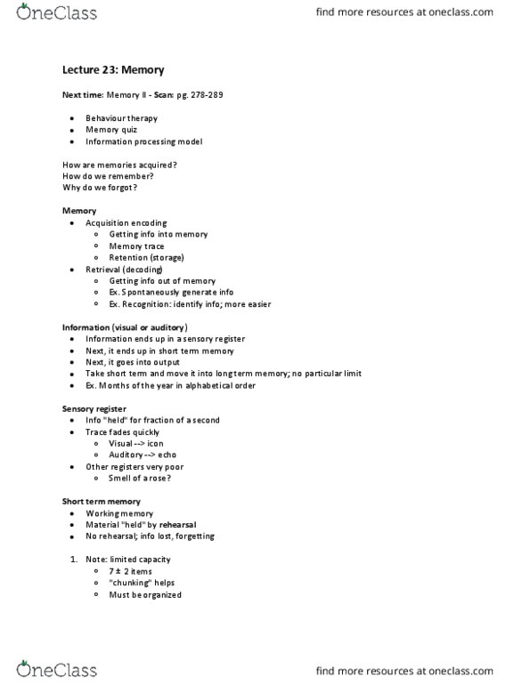 Psychology 1000 Lecture Notes - Lecture 23: Behaviour Therapy, Information Processing, Working Memory thumbnail