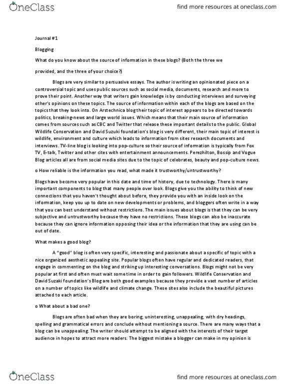 COIS 1010H Lecture Notes - Lecture 1: David Suzuki, Ars Technica, Perez Hilton thumbnail