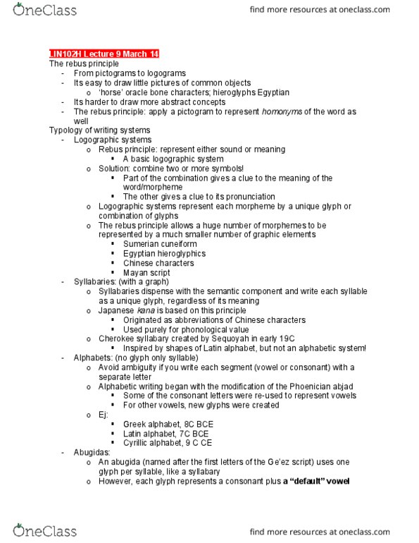 LIN101H1 Lecture Notes - Lecture 9: Cherokee Syllabary, Oracle Bone Script, Rebus thumbnail