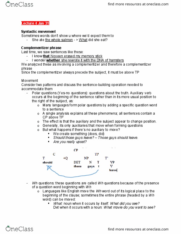 LIN101H1 Lecture Notes - Lecture 4: Auxiliary Verb, Complementizer, Syntactic Movement thumbnail
