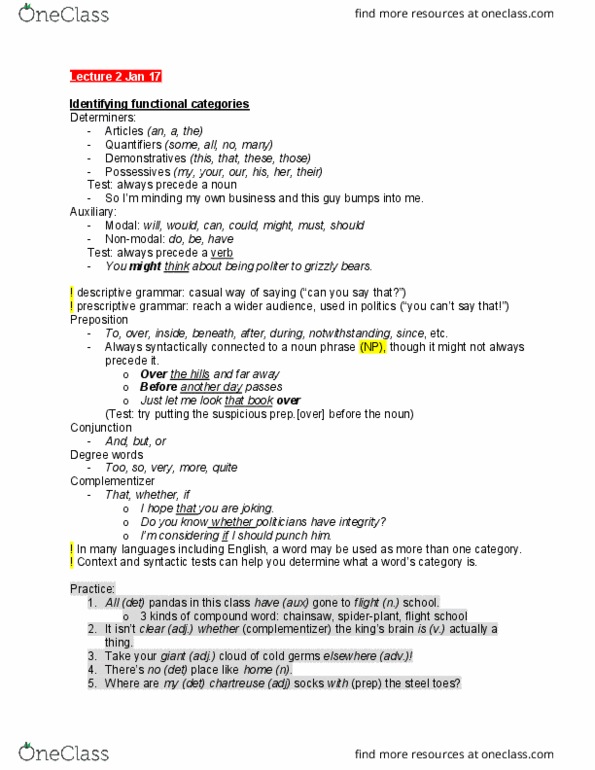 LIN101H1 Lecture Notes - Lecture 2: Syntactic Category, Linguistic Prescription, Preposition And Postposition thumbnail