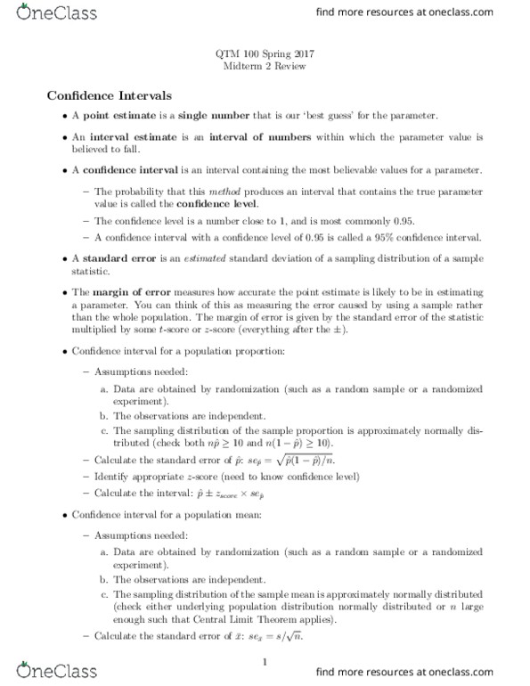 QTM 100 Lecture Notes - Lecture 4: Central Limit Theorem, Interval Estimation, Randomized Experiment thumbnail