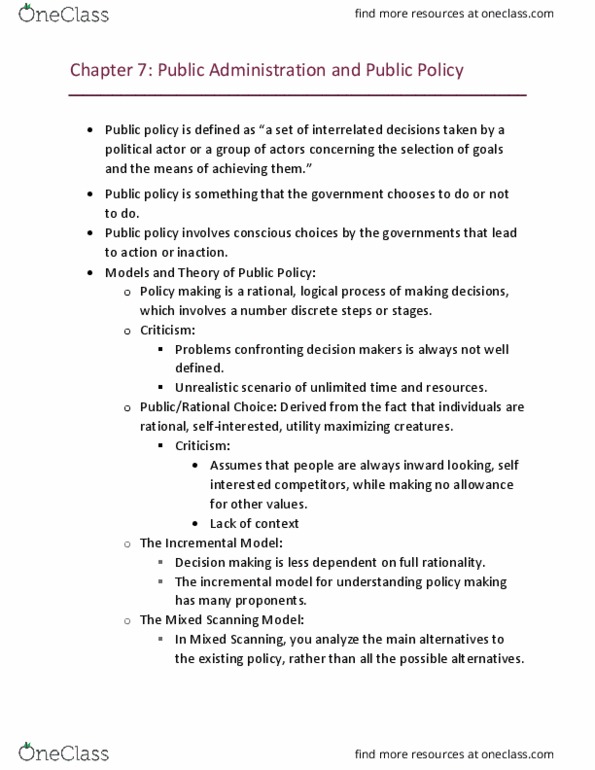 PAP 2300 Lecture Notes - Lecture 7: Mixed Model, Incrementalism, Public Choice thumbnail