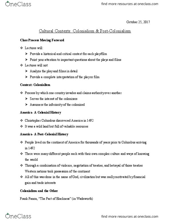 THTRFLM 1T03 Lecture 8: Cultural Contexts Colonialism & Post-Colonialism thumbnail