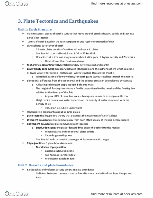 EARTHSC 2GG3 Lecture Notes - Lecture 3: Continental Crust, Plate Tectonics, Subduction thumbnail