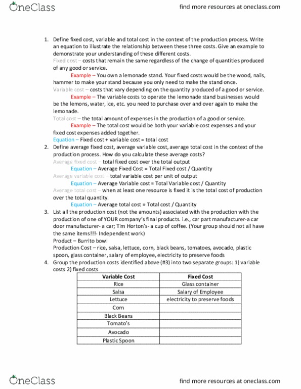 MGMT 1000 Lecture Notes - Lecture 1: Average Variable Cost, Average Cost, Lemonade Stand thumbnail
