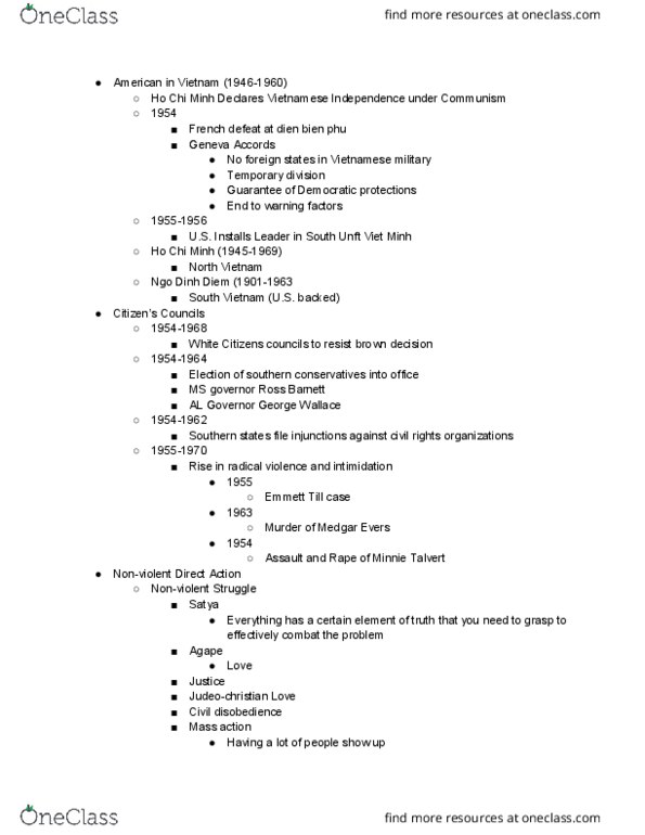 HI211 Lecture Notes - Lecture 16: Ngo Dinh Diem, Citizens' Councils, Ross Barnett thumbnail