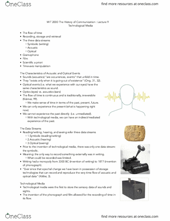 Media, Information and Technoculture 2000F/G Lecture Notes - Lecture 9: Phonograph Cylinder, Clay Tablet, Soot thumbnail
