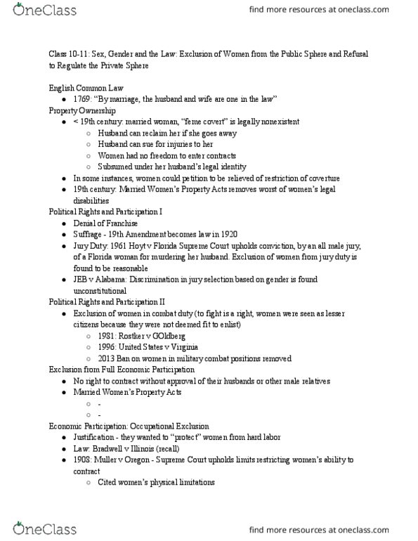 SOCI 3823 Lecture Notes - Lecture 10: English Law, Coverture, Civil Rights Act Of 1964 thumbnail