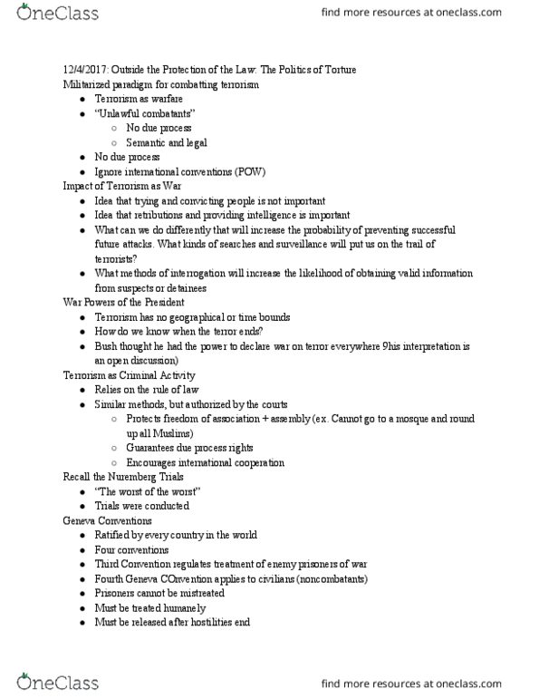 SOCI 3823 Lecture Notes - Lecture 20: Fourth Geneva Convention, Pragmatism, Black Site thumbnail