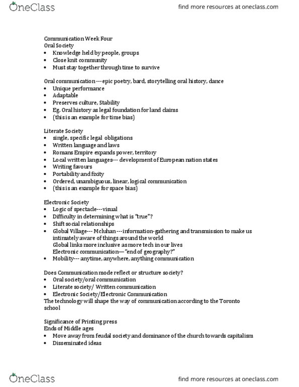 CMST 1A03 Lecture Notes - Lecture 4: Communication, Written Language, Marshall Mcluhan thumbnail