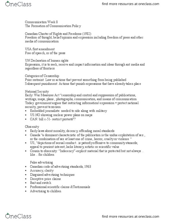 CMST 1A03 Lecture Notes - Lecture 8: War Measures Act, Dominick Fernow, Prior Restraint thumbnail