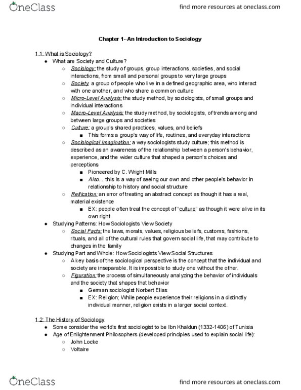 SOCIOL 103 Chapter Notes - Chapter 1: Norbert Elias, Harriet Martineau, Mary Wollstonecraft thumbnail