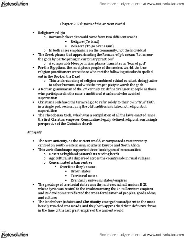 RELS 131 Chapter Notes - Chapter 2: Codex Theodosianus, Semitic People, Sumer thumbnail