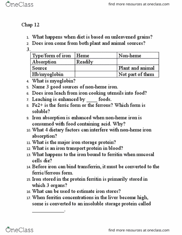 NUTR100 Chapter Notes - Chapter 12: Iron-Deficiency Anemia, Iron Overload, Refined Grains thumbnail