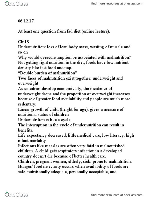 NUTR100 Lecture Notes - Lecture 11: Lean Body Mass, Fad Diet, Double Burden thumbnail