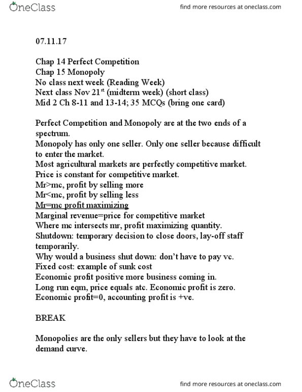 ECON101 Lecture Notes - Lecture 8: Sunk Costs, Perfect Competition, Fixed Cost thumbnail