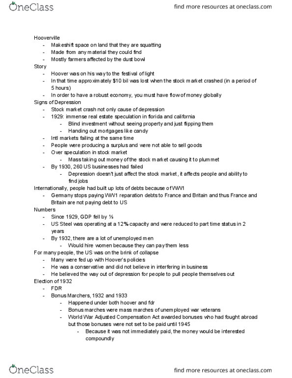 HIST 106 Lecture Notes - Lecture 9: World War Adjusted Compensation Act, Bonus Army, Stock Market Crash thumbnail