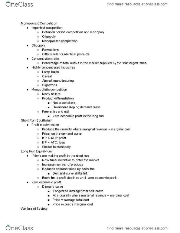 CAS EC 101 Lecture Notes - Lecture 19: Monopolistic Competition, Imperfect Competition, Marginal Revenue thumbnail