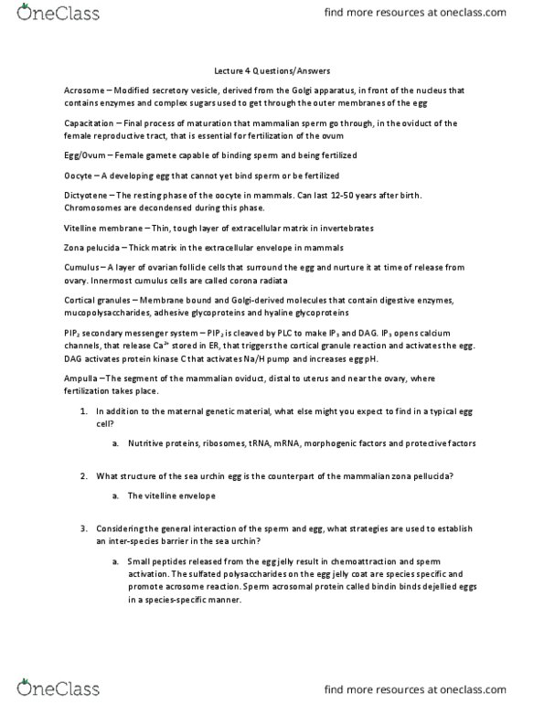 BIOL303 Lecture Notes - Lecture 4: Zona Pellucida, Vitelline Membrane, Acrosome Reaction thumbnail